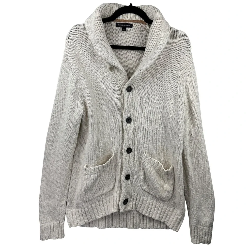 Banana‎ Republic Cardigan Sweater Mens Large Cream Cotton Shawl Collar Chunky